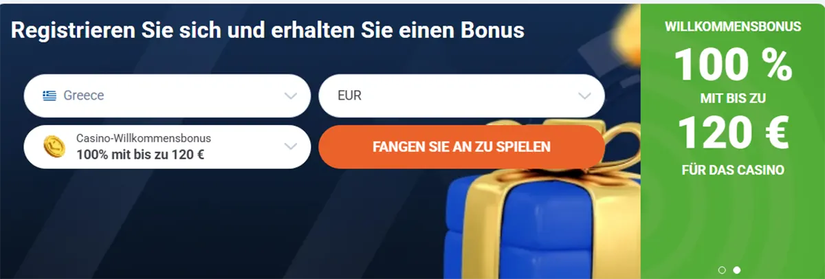 Casino registration banner offering a 100% welcome bonus up to €120 with country and currency selection