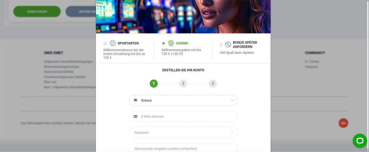 Casino registration form interface showing country selection, email and password fields with welcome bonus information